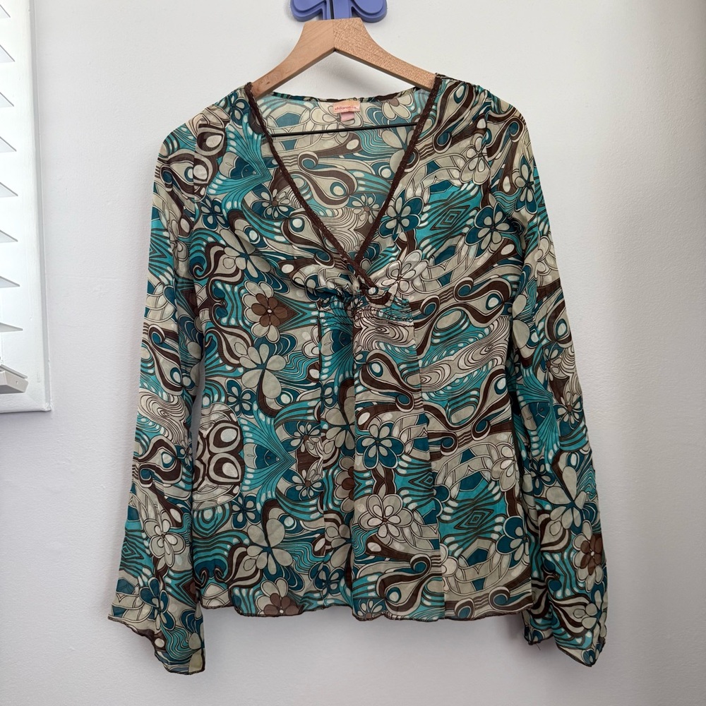 Y2K Medium Babydoll Sheer Top Blue Brown Floral 60s 70s Inspired Peplum Goblin